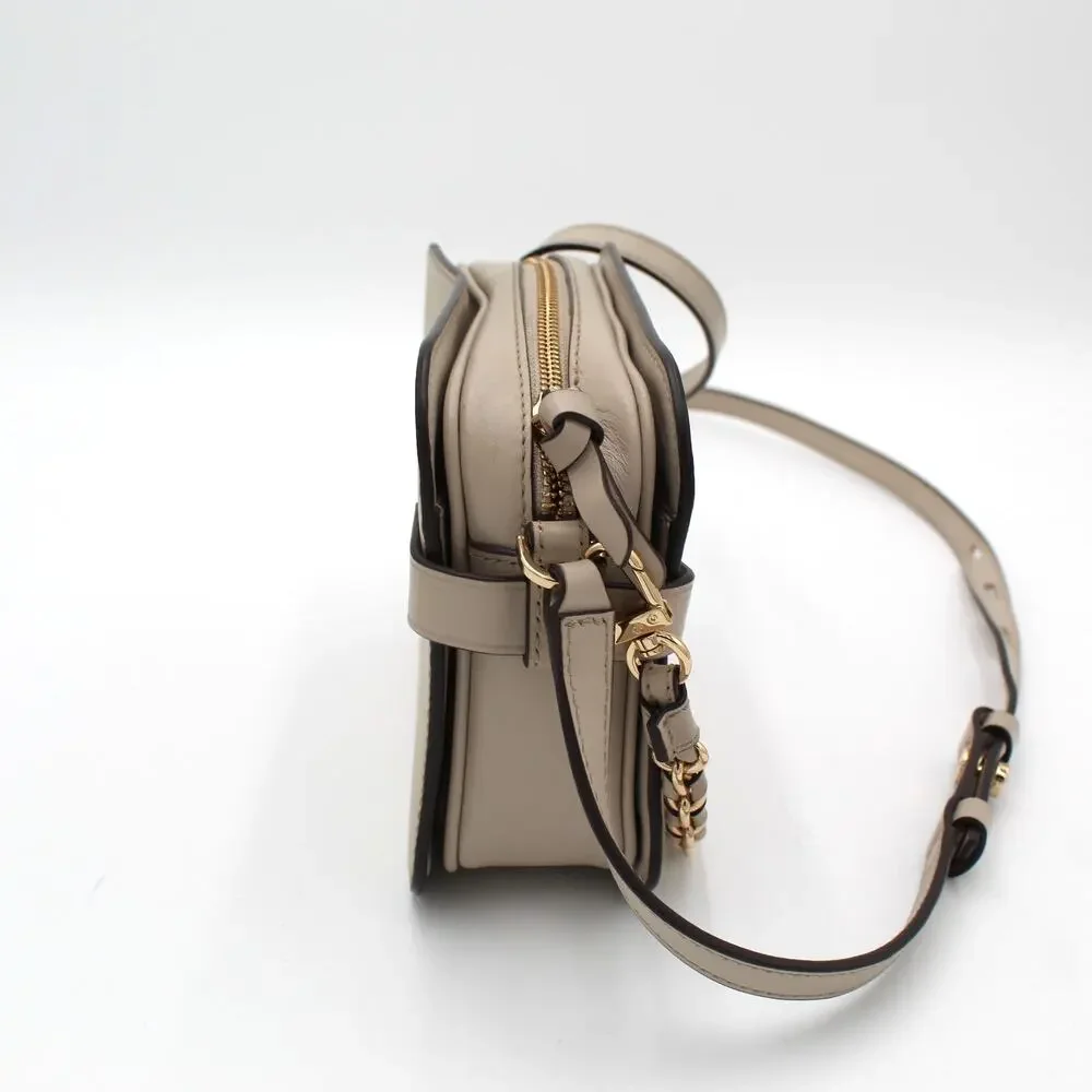 Michael Kors Carmen Crossbody Bag Beige Saffiano Leather Gold Chain Purse
